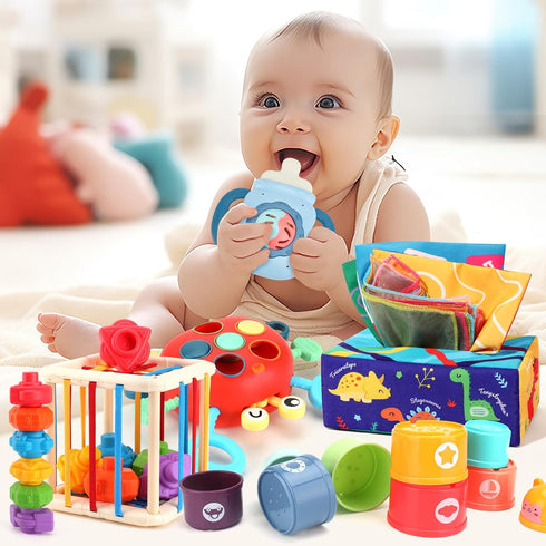 KADAYAYA 18 1 2 3 Montessori Baby Toy for Months, Teether Rattle Tissue Box Pull String Crab Toy, Infant Sensory Toys