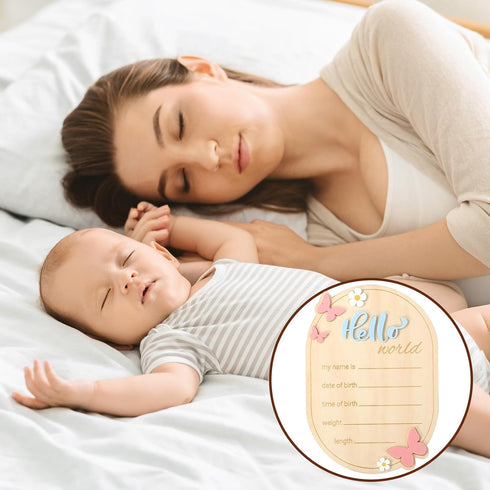 Penitue Wooden Baby Announcement Sign, Cute Hello World Newborn Signs Welcome Baby Arrival Plaque Decor for Hospital