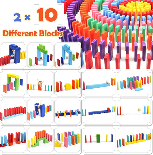 WOOD CITY 1000 Piece Dominoes Set for Kids, Colorful Tiles for Building, Stacking, Racing, with Extra 20 Blocks and