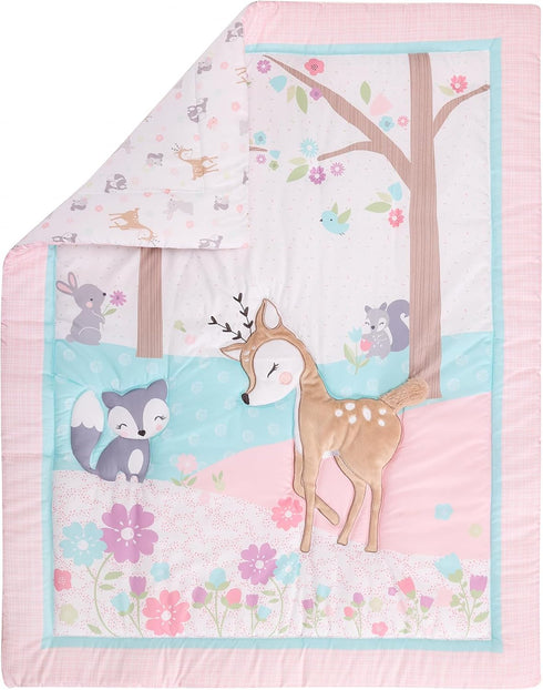CribMATE Set -3 Set-Comforter/Fitted Pink Embroidery Deer Nursery Crib Bedding for Girl Pieces Baby Girl Forest Animal