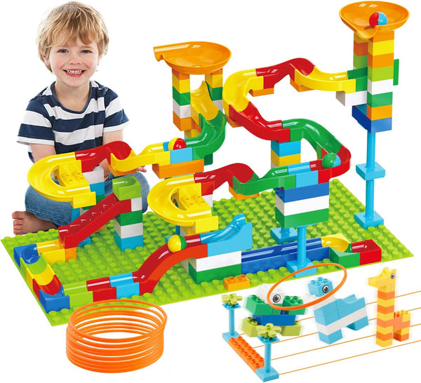 2-in-1 Kids Toys for 2-7 Year Olds, Classic Big Bricks Marble Run Building Blocks, Toss Ring Games
