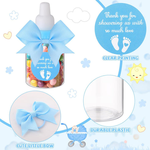 48 Sets 3.5 Inch Teenyyou Blue Mini Baby Bottles for Baby Shower Party Favor Game Plastic Milk Bottles with Thank You