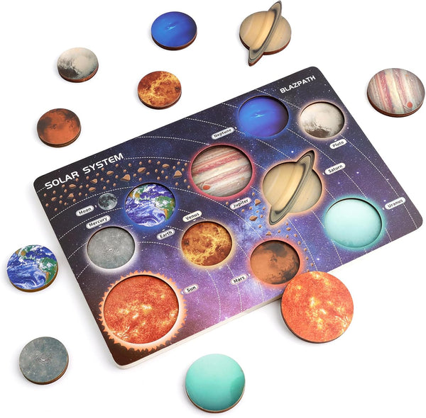 Planet Solar System Space Wooden Puzzle Toys for Kids - Preschool Solar System Planets Matching Board Activities