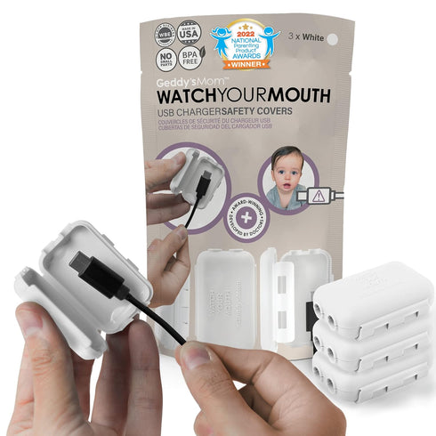 Geddy's Mom Watch Your Mouth USB Charger Protector, Award-Winning Baby Proof Cord Protector (3-Pack, White)