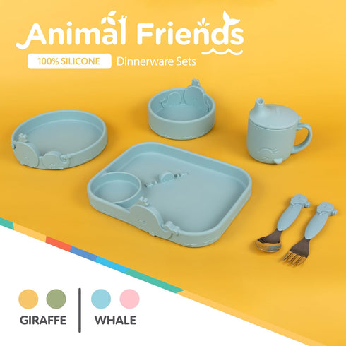 Nuby Animal Friends Silicone and Stainless Steel Fork and Spoon Set for 12+ Months, Blue Whale Design