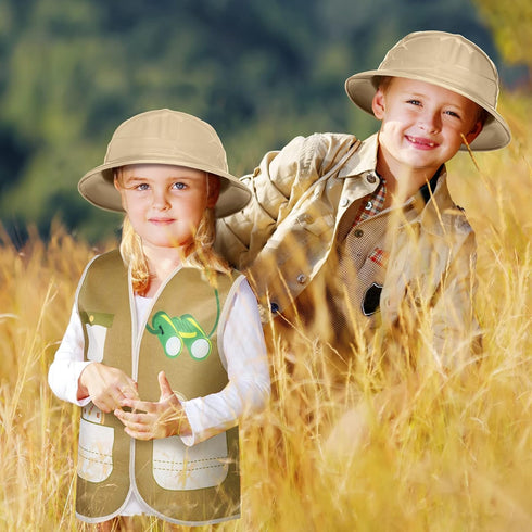 24 Pcs Kids Explorer Costume Sets - 12 Safari Vests and 12 Jungle Party Hats for Outdoor Activity Favors