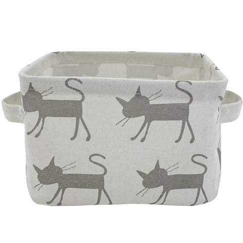 Mziart Small Foldable Canvas Storage Basket with Handles, Cotton Linen Organizer for Nursery Kids Shelves, Grey Cat