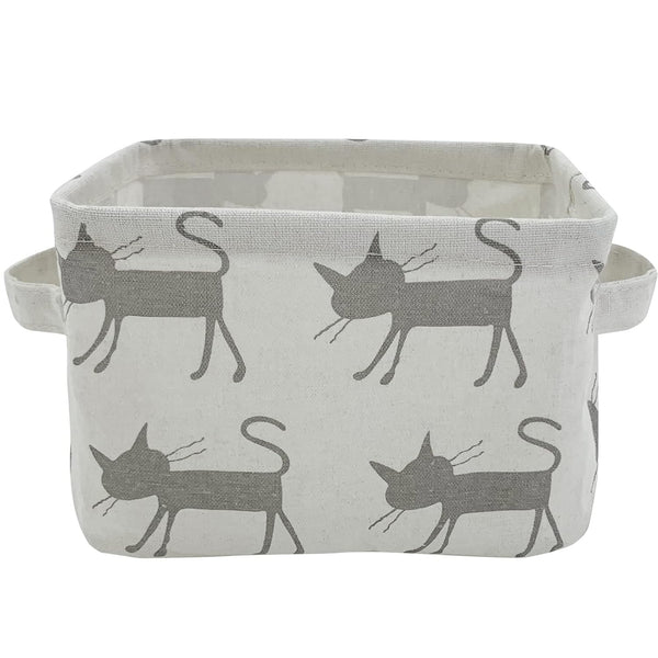 Mziart Small Foldable Canvas Storage Basket with Handles, Cotton Linen Organizer for Nursery Kids Shelves, Grey Cat