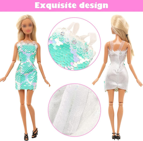 15 Set Doll Clothes for 11.5 Inch Dolls, 2 Sequins Dresses & 6 Outfits, Tops, Pants/Shorts/Skirts