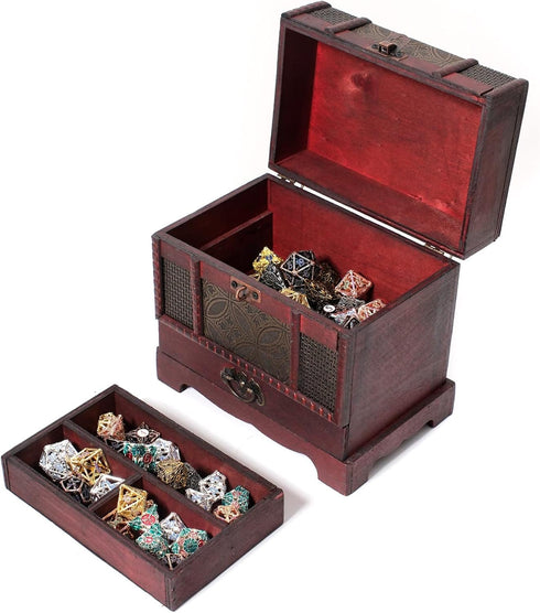 C2 Wooden Chest with Drawer - Collectible Fantasy Coins, Card Games, Dice Counter, and Jewelry Box