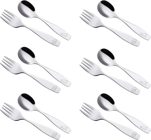 ANNOVA Children's Flatware 12 Pieces Set - Stainless Steel Silverware 6 x Safe Forks, 6 x Dinner Spoons - Kids Toddler Utensils Lunch Box (Engraved Dinosaurs T-Rex, Triceratops) by Annova