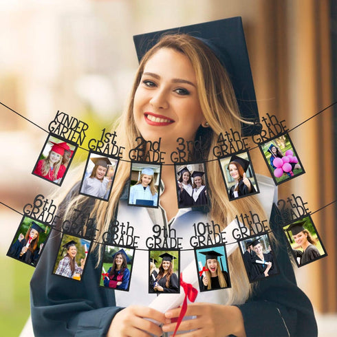 Black Glitter K-12 Graduation Photo Banner, Kindergarten to 12th Grade Picture Banner for Party Decorations 2025