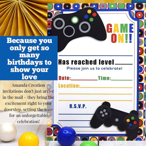 Game On! Video Gamer Birthday Party Fill In Invitations, 20 Fill In Cards with Envelopes by AmandaCreation