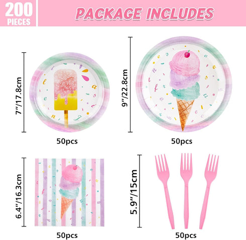200 Summer 50 WERNNSAI Ice Cream Party Decorations - PCS Ice Cream Plates Napkins Forks Pink Sweet Themed Birthday