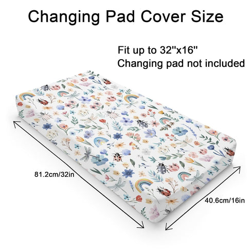 Spring Garden Flowers Rainbow Changing Pad Covers Watercolor Insects Floral Leaves Baby Diaper Changing Table Pad Sheets for Boy Girl Soft Stretchy Fitted Baby Changing Table Mats Covers 32''x16''