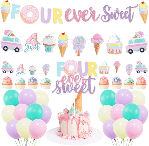 Four Ever Sweet Ice Cream Donut Party Decorations | Banner, Cake, Cupcake Toppers, Macaron, Balloons for Kids' Party