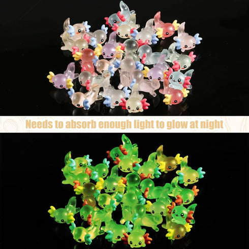 XIHIRCD 64pcs (16 Mini Axolotl Figures, Glow in The Dark Resin Axolotl Tiny Animal Figurines Ornament Axolotl Charms