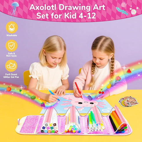DreamyCandy 70PCS Set 4-6-8,Drawing Axolotl Washable Markers with Glitter Pencil Case,Art Supplies for Kids Ages