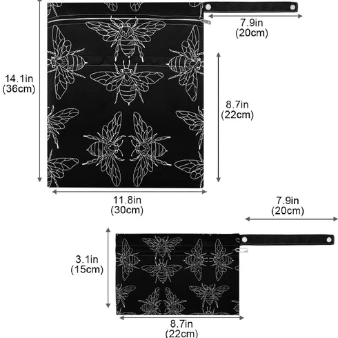 visesunny 2Pcs Black Bee Doodle Wet Bag with Zippered Pockets Washable Reusable Roomy