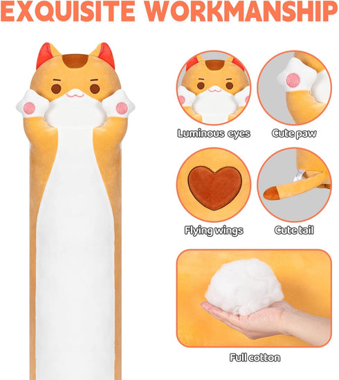 Long Cat Plush Kawaii Body Pillow - 44” Cute Brown Cat Stuffed Animals, Orange Kitten Plush Throw Pillow Gift