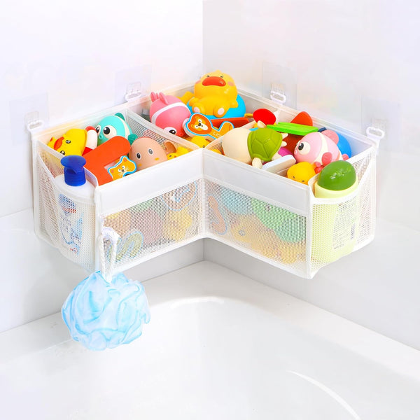 KPH Corner Bath Toy Organizer - Space-Saving 3-Compartment Bath Toy Storage, Mesh Bathroom