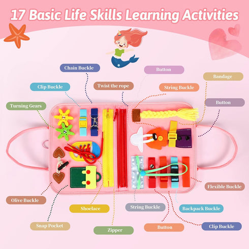 8 in 1 Toddler Busy Board for 1 Year Old, Montessori Toy for Basic Motor Skills, Kid Travel Essential (Pink)