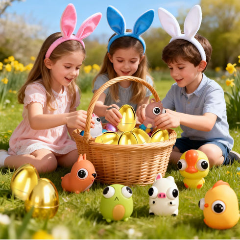 8 Pack Jumbo Golden Easter Eggs Fillers with Popping Eyes Fidget Toys, Squeeze Animals for Stress Relief, Easter Basket