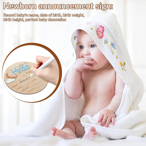 Mindow 5.9 Inch Baby Announcement Sign, Wooden Hello World Newborn Sign Boy, Moon and White Cloud Decoration, Baby Name