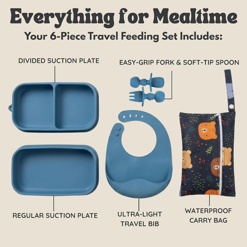 Palz and Pandy 6 Set Baby Travel Essentials Pc Silicone Feeding - Portable Toddler Plates with Suction, Baby Spoons