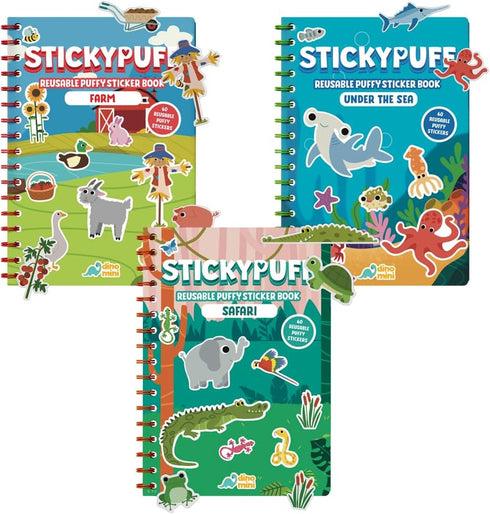 DINO MINI Stickypuff Value Pack - 3 Reusable Puffy Sticker Book for