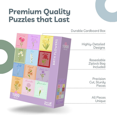 Birth Month Flower Puzzles for Adults 1000 Pieces - High Resolution, Smooth Edged, Matte Finished Jigsaw Puzzle