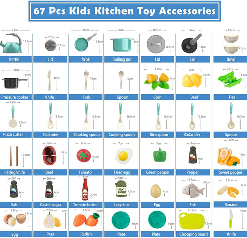 Bruvoalon 67Pcs Kids Play Kitchen Toys Set, Green, Pretend Cooking Accessories with Pots, Pans, Utensils, Foods