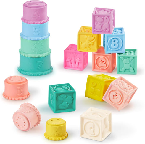 B. toys Sensory Baby Toys Soft Baby Blocks Stacking Drip Cups Numbers,