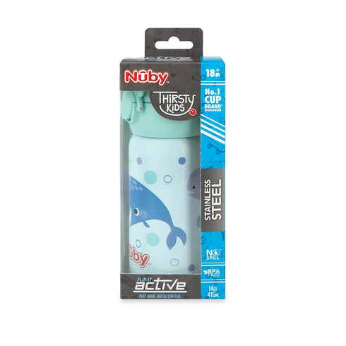 14 Oz 18+ Nuby Thirsty Kids No Spill Flip-It Active Stainless Steel Travel Cup or Water Bottle - - Months - Mint Whale
