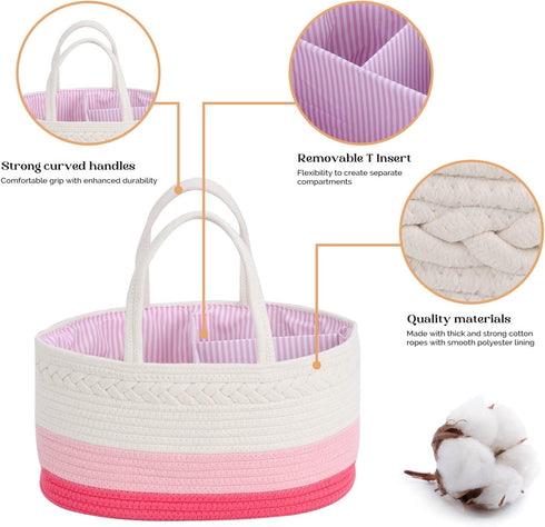 Luxury Diaper Caddy Organizer, Large Cotton Rope Nursery Basket for Baby Diaper Storage, Portable with Removable Divider