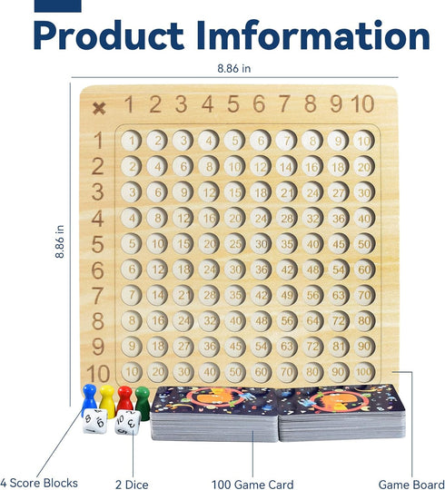 BAKAM Wooden Multiplication Board Math Game for Kids 8-12, 100PCS Flash Cards, Montessori Counting Toy