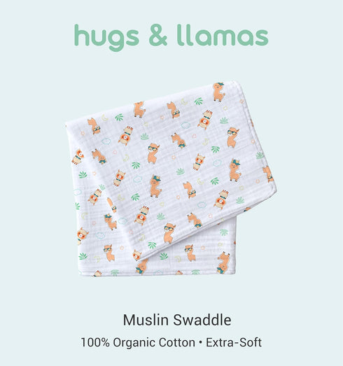 hugs & llamas | 100% Organic Cotton Muslin Swaddle Blankets | Unisex Swaddle Blanket | Extra Soft | Swaddles for Newborns and Infants | Machine Washable | 47” x 47” (Fancy Llama) by hugs & llamas