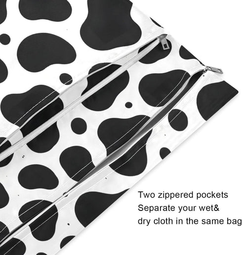 Haskirky 2 Cow Print Black White Pcs Cloth Diaper Wet Dry Bags,Waterproof and Washable Bag for Travel Reusable Wet Bag