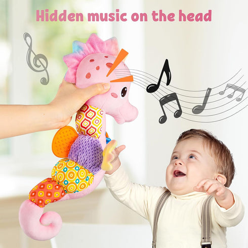 Baby Toys Musical Seahorse,Infant Stuffed Animal Toys with Crinkle and Rattles,Soft Sensory Toys with Textures for Tummy Time Newborn Boys Girls 0 3 6 12 Months(Pink)