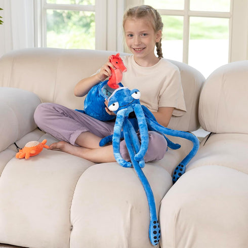 5Pcs 41.3" Giant Squid Stuffed Animal with Small Marine Clownfish,Crab, Seahorse, Angler Fish Baby Plush Toys, Adorable