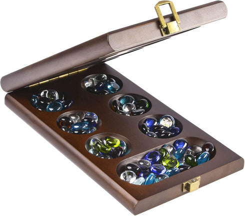 AMEROUS Wooden Mancala Board Game Set with 72+8 Bonus Multi Color Glass Stones - Classic Family Game