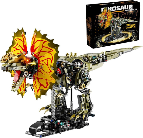 HJPLPXH 1277 Pcs Mechanical Dilophosaurus Building Blocks Set Steampunk Dinosaur Model with LED