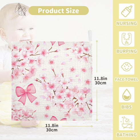 Nander 3Pack Baby Muslin Washcloths,Cherry Blossoms and Bows Soft Face Cloths for Newborn, Absorbent Bath Wash Cloths