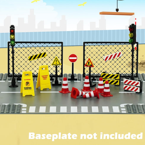 Pasacho City Road Signs Bricks Accessories, Mini Traffic Cones & Crosswalk Signal Toys for Kids Building Blocks