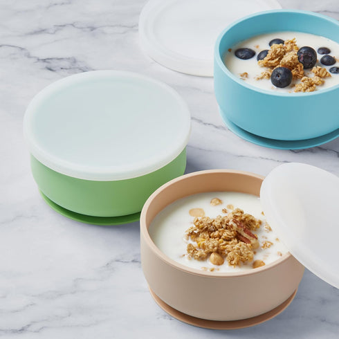 Silicone Baby Bowls with Suction - Toddler Bowls with Lids in Blue, Green, and Beige