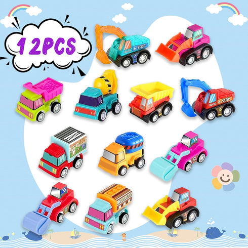 Atiger 12pcs Set Easter Basket Stuffers for Kids Egg Fillers, Pull Back Cars Truck Vehicles for Boys Girls, Mini