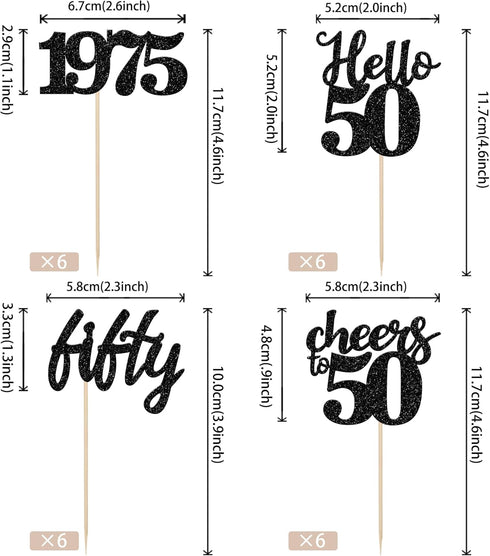24 PCS Black 50th Birthday Cupcake Toppers, Glitter Hello 50 Cupcake Topper for 50th Birthday Party