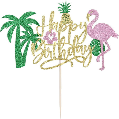 PALASASA Glitter Flamingo Happy Birthday Cake Topper - Hawaiian Luau Tropical Pineapple Theme Kids Party Decoration