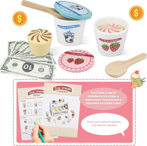 Minnot 32 Set Counter 3 4 5 6 7 8 Wooden Ice Cream Toys pcs Pretend Ice Cream Play with Scooper, Menu, Fake Money