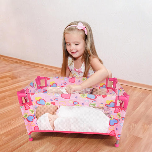 Toy Baby Doll Crib for 18'' Dolls, Cute Pink Heart Designed Baby Doll Bed with Carry Bag, Doll Furniture for Girls